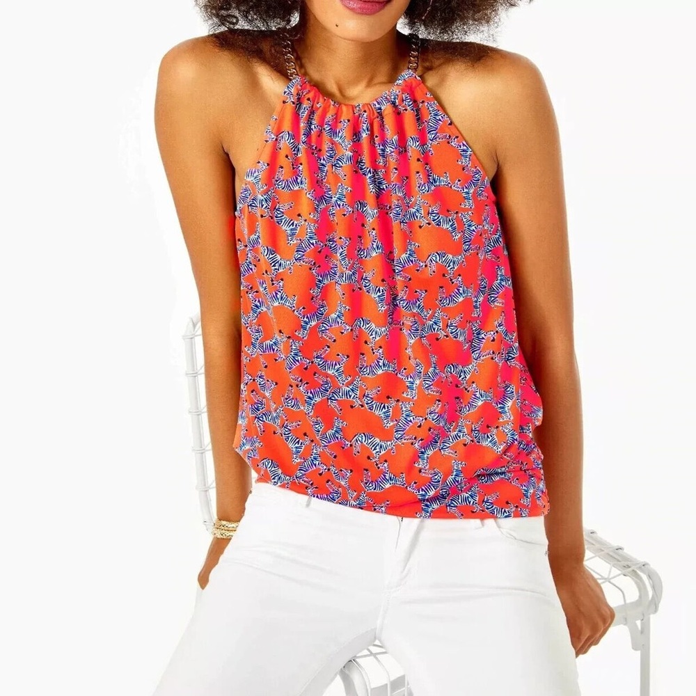 Lilly Pulitzer Bowen Halter Top Picante Coral Heebee Zeebees Orange Zebra Size S